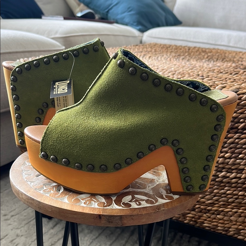 Dingo Green and Orange Mules with Hand-Stitched Studded details
